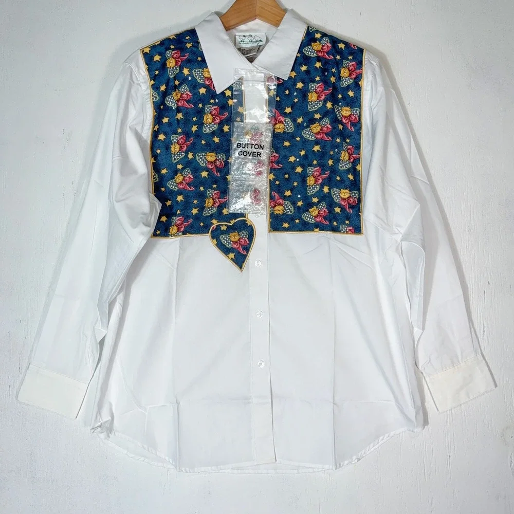VTG 90s Quacker Factory NEW Cat Print Button Up Shirt Womens L Cat Lady Grandma